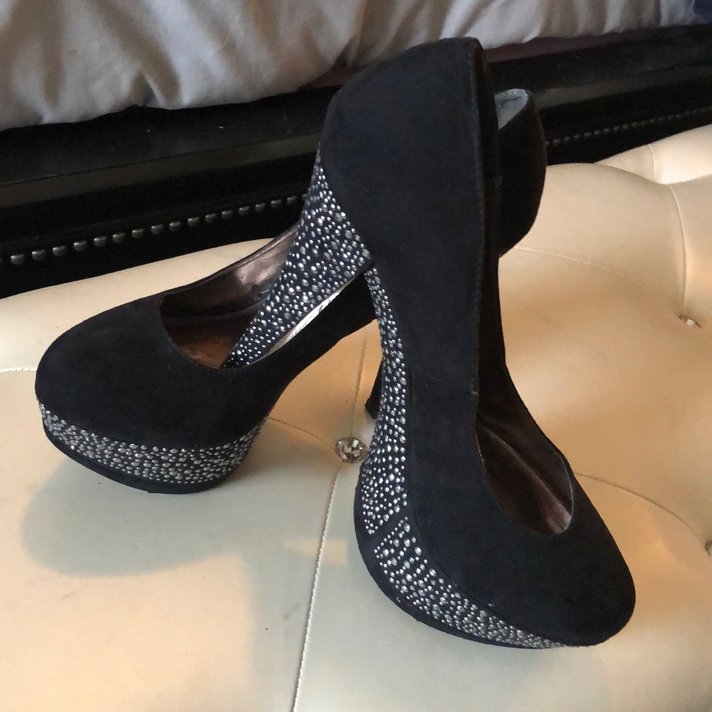Black suede studded/bedazzled platform heels